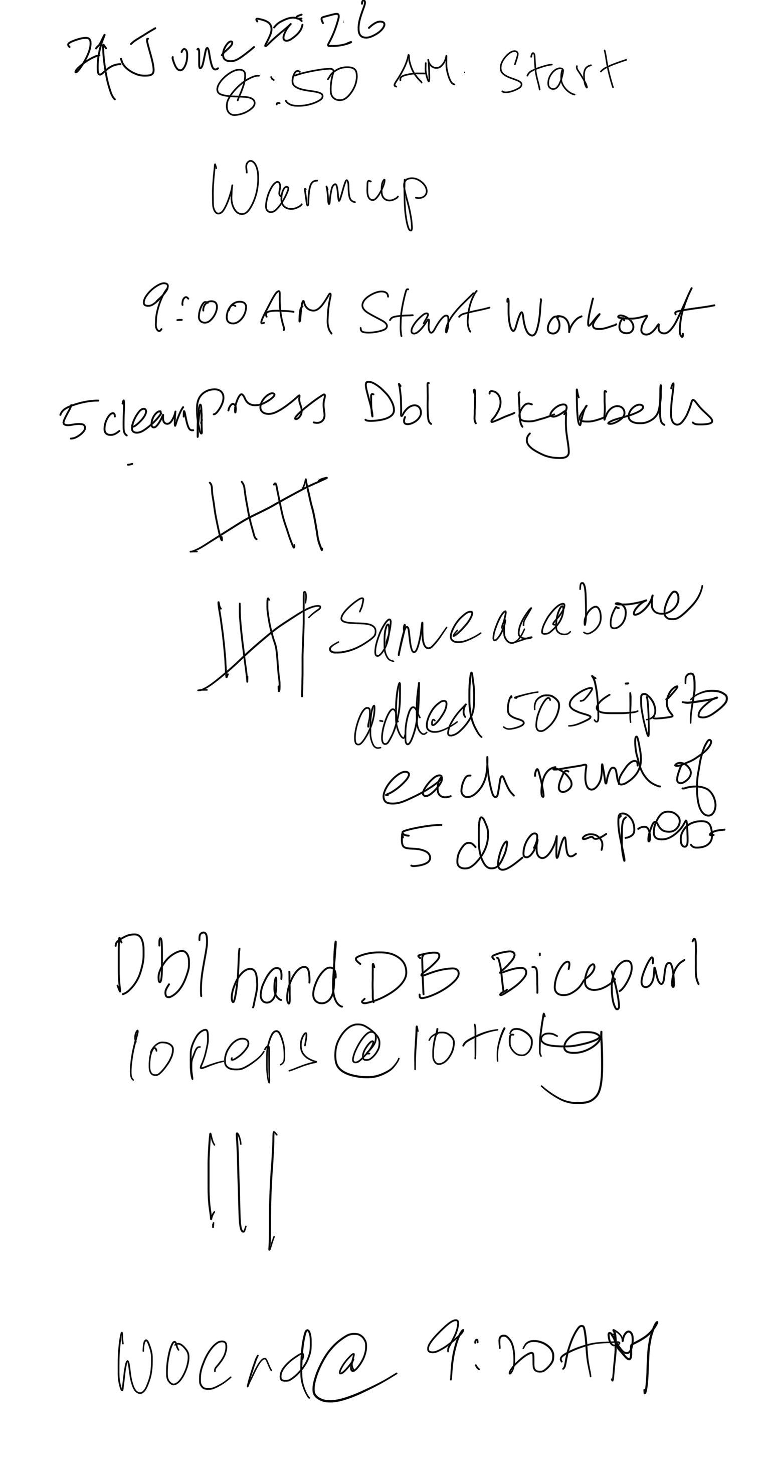Handwritten workout log with warm-up and exercise notes